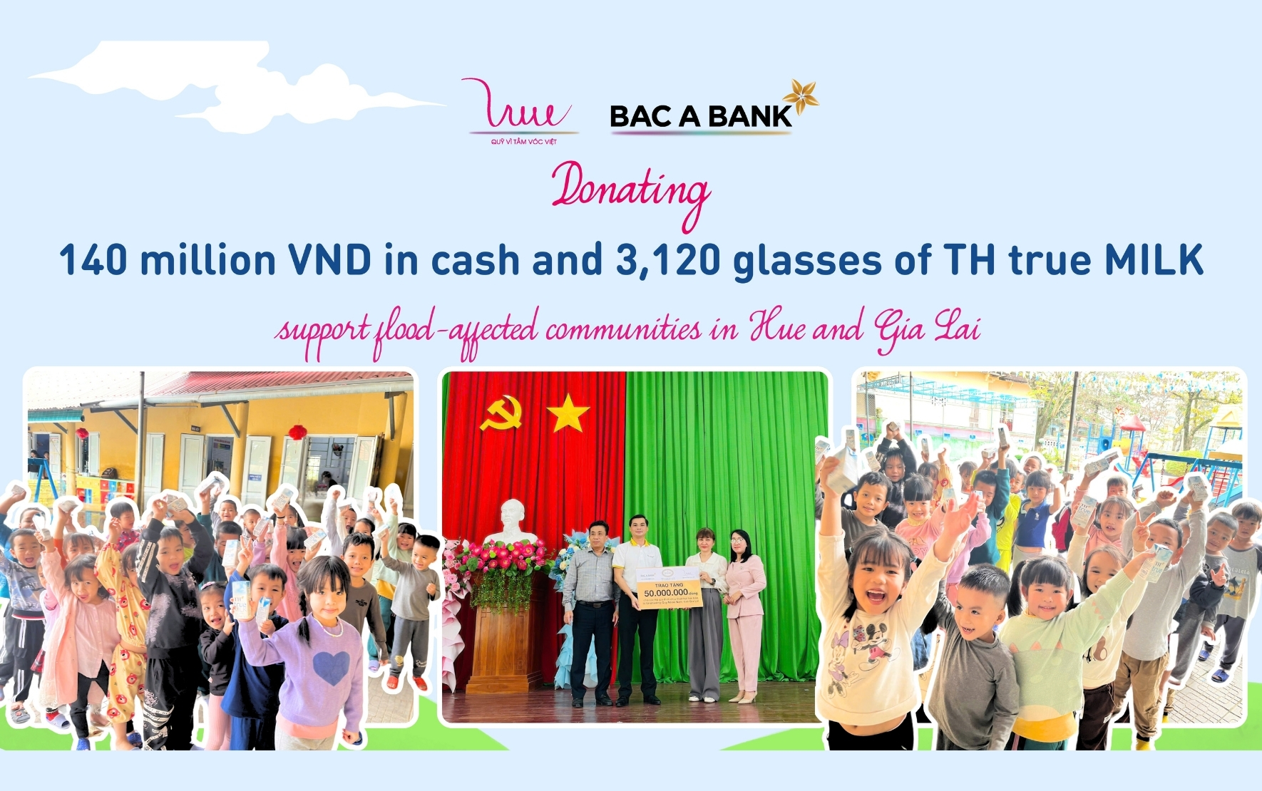 Donating 140 million VND in cash and 3,120 glasses of TH true MILK to support flood-affected communities in Hue and Gia Lai